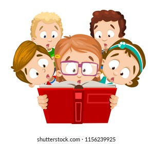 Five schoolchildren looking in book with amazement. Intelligent girl with glasses holds with both hands open textbook in red cover. All kids have very wonderment emotions on their faces. Vector image