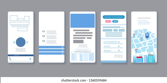 Five screens with templates for apps user interface design. Can be used in different projects.