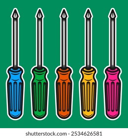 Five Screwdriver Doodle Sticker Illustration