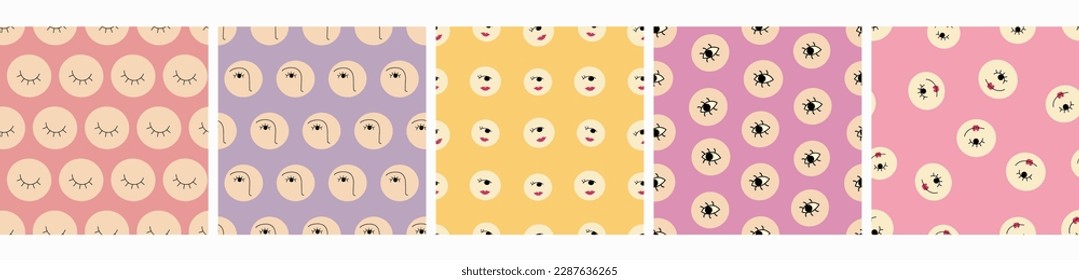 Five seamless patterns bundle, simple shapes. Stylish repeating design, continuous background
