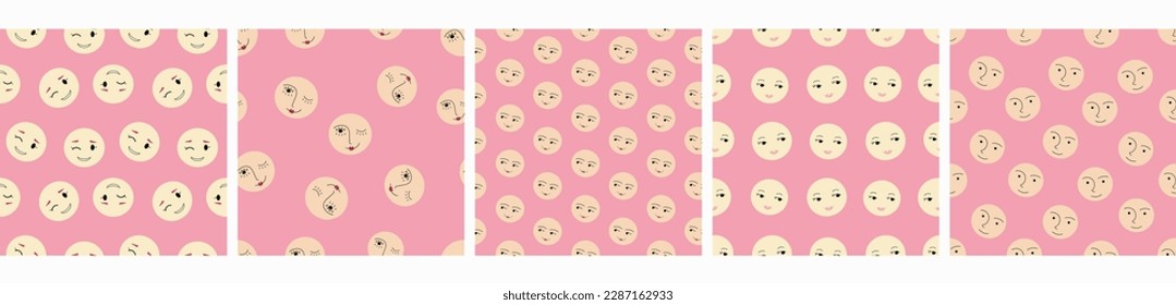 Five seamless patterns pack, abstract drawing. Repeating background, surface design for branding
