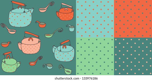 five seamless patterns of teapots and dots