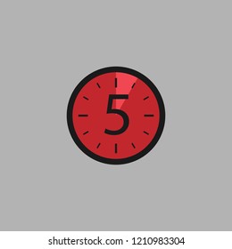 Five Seconds Clock on gray background. Stopwatch icon in flat style, red timer. Sport clock. Vector design element for you project. Vector illustration EPS 10.