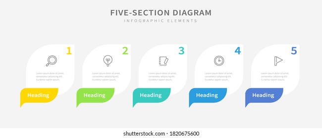 Plantilla de infografía de diagrama de cinco secciones con banderas de encabezado e iconos