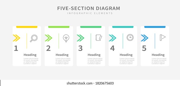 Five Section Diagram Infographic Template With Heading Banners And Icons