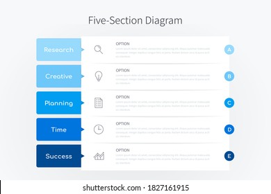 Five section infographic diagram, vertical process chart template with five heading banners in blue tone design