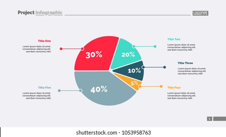 Five sectors pie chart slide template. Business data. Review, assessment, design. Creative concept for infographic, presentation, report. For topics like research, finance, analysis.