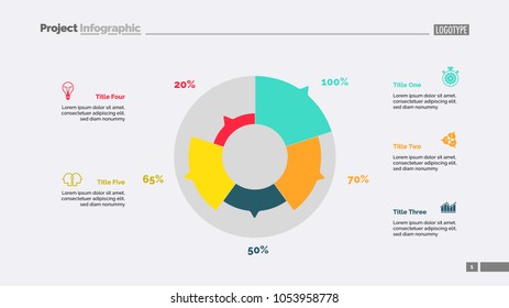 Five sectors pie chart slide template. Business data. Review, diagram, design. Creative concept for infographic, presentation, report. Can be used for topics like marketing, finance, banking.