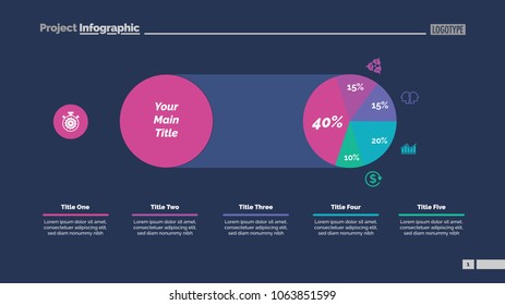 Five sectors pie chart slide template. Business data. Comparison, diagram, design. Creative concept for infographic, presentation, report. Can be used for topics like marketing, finance, analytics.