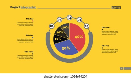 Five sectors pie chart slide template. Business data. Option, report, design. Creative concept for infographic, presentation, report. For topics like research, accounting, analytics.