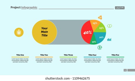 Five sectors pie chart slide template. Business data. Comparison, diagram, design. Creative concept for infographic, presentation, report. Can be used for topics like marketing, finance, analytics.