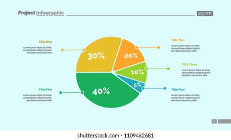 Five sectors pie chart slide template. Business data. Review, assessment, design. Creative concept for infographic, presentation, report. For topics like research, finance, analysis.