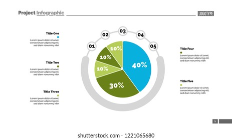 Five sectors pie chart slide template. Business data. Option, report, design. Creative concept for infographic, presentation, report. For topics like research, accounting, analytics.