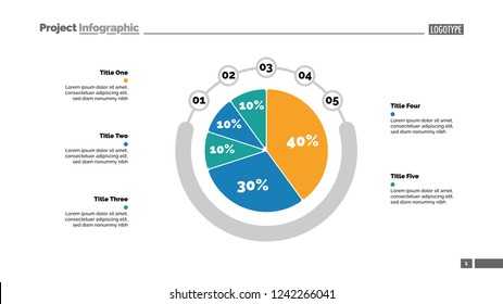 Five sectors pie chart slide template. Business data. Option, report, design. Creative concept for infographic, presentation, report. For topics like research, accounting, analytics.