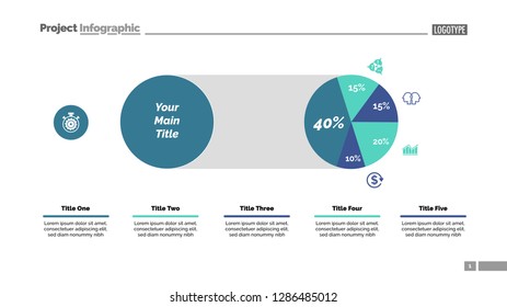 Five sectors pie chart slide template. Business data. Comparison, diagram, design. Creative concept for infographic, presentation, report. Can be used for topics like marketing, finance, analytics.