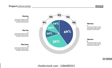 Five sectors pie chart slide template. Business data. Option, report, design. Creative concept for infographic, presentation, report. For topics like research, accounting, analytics.