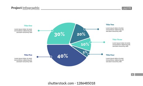 Five sectors pie chart slide template. Business data. Review, assessment, design. Creative concept for infographic, presentation, report. For topics like research, finance, analysis.