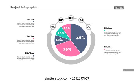 Five sectors pie chart slide template. Business data. Option, report, design. Creative concept for infographic, presentation, report. For topics like research, accounting, analytics.
