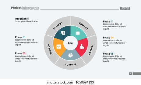 Five sectors process chart slide template. Business data. Goal, circle, design. Creative concept for infographic, presentation, report. Can be used for topics like marketing, planning, analytics.