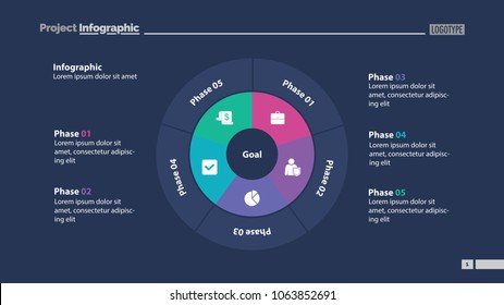 Five sectors process chart slide template. Business data. Goal, circle, design. Creative concept for infographic, presentation, report. Can be used for topics like marketing, planning, analytics.