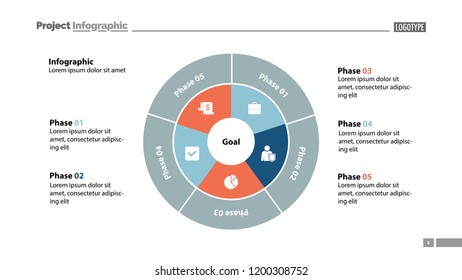 Five sectors process chart slide template. Business data. Goal, circle, design. Creative concept for infographic, presentation, report. Can be used for topics like marketing, planning, analytics.