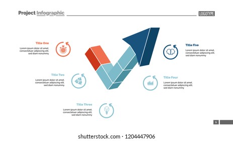 Five segment process chart slide template. Business data. Project, plan, design. Creative concept for infographic, presentation, report. Can be used for topics like production, teamwork, research.
