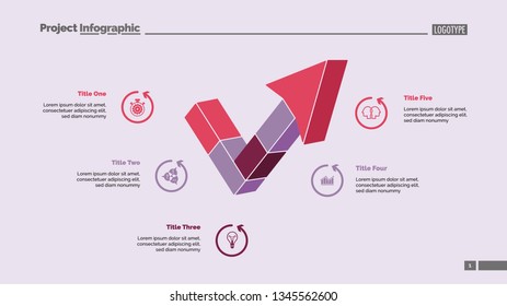 Five segment process chart slide template. Business data. Project, plan, design. Creative concept for infographic, presentation, report. Can be used for topics like production, teamwork, research.