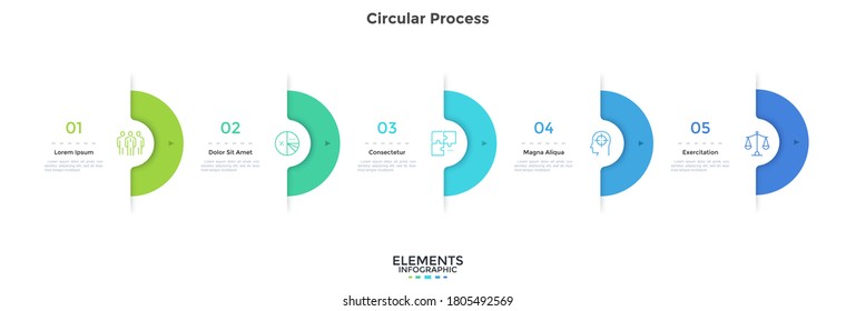 Five semi-circular elements placed in horizontal row. Concept of 5 successive stages of project development process. Modern infographic design template. Simple vector illustration for progress bar.