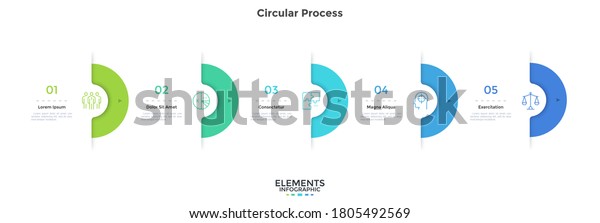 Five semi-circular elements placed in\
horizontal row. Concept of 5 successive stages of project\
development process. Modern infographic design template. Simple\
vector illustration for progress\
bar.