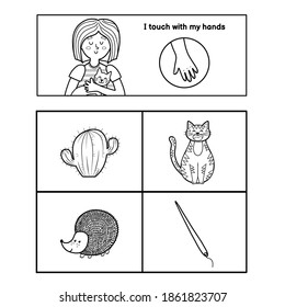 Five senses black and white poster. Touch sense presentation page for kids coloring book. Educational colouring page. Vector illustration