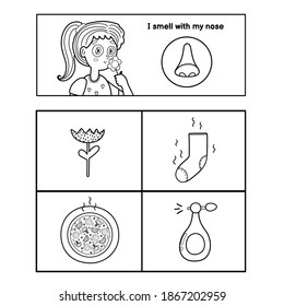 Five senses black and white poster. Smell sense coloring page for kids. Great for activity book. Vector illustration