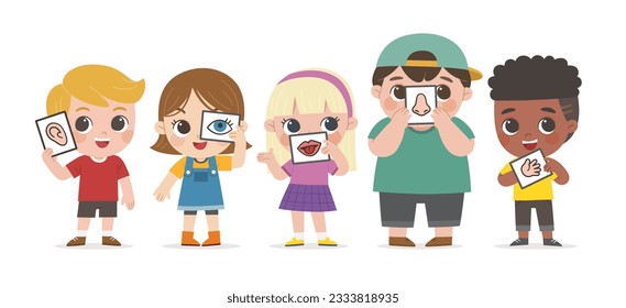 Five Senses Concept With Human Organs. Kids showing five senses set. Sense of sight, touch, hear, smell, taste.