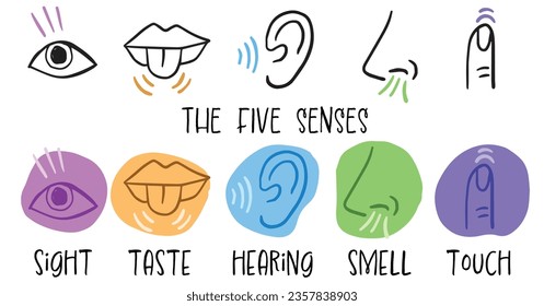 Five senses doodle icon set