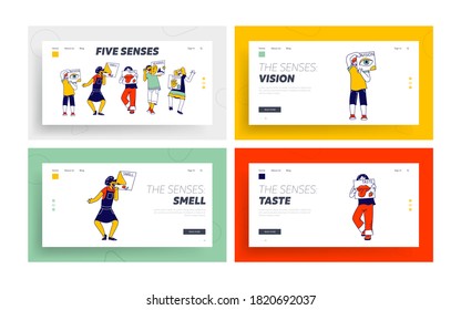 Five Senses Human Perception Landing Page Template Set. Kids Characters Hold Cards Vision, Smell, Taste, Hearing and Touch Feelings. Eye, Nose, Tongue, Ear and Hand. Linear People Vector Illustration