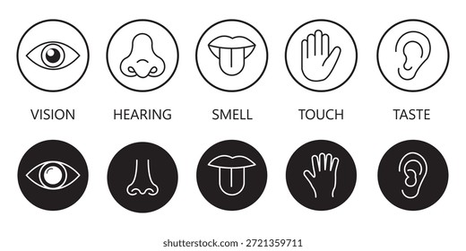 Conjunto de ícones de cinco sentidos. Órgãos do senso humano. Sabor, visão, toque, cheiro, símbolos auditivos. Sinais nos olhos, ouvidos, dedos, nariz e lábios.