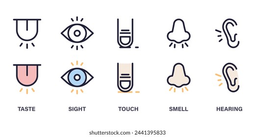 Five senses icon set: taste, sight, touch, smell, hearing - line art thin line Illustration symbols for sensory perception and human experience