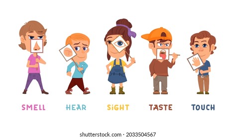 Five senses. Kids sense, taste hear sight smell touch organs. Children holding medicine banner with sensory system, isolated cartoon decent vector concept