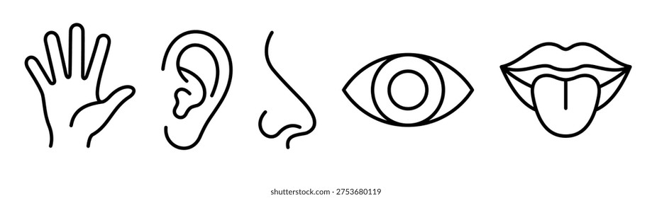 Five Senses Line Icon Set: Eye, Ear, Nose, Tongue, and Hand. Human Sensory Perception Symbols with Editable Stroke isolated. Vector Eps Icons Set