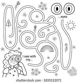 Five senses maze game for kids. I can see with my eyes black and white labyrinth activity page. Printable learning worksheet for coloring. Sight puzzle for toddlers. Vector illustration