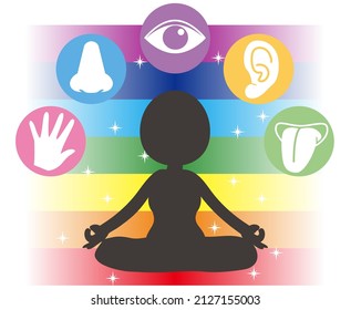 Cinco sentidos e imagen de meditación con fondo de color Chakra 