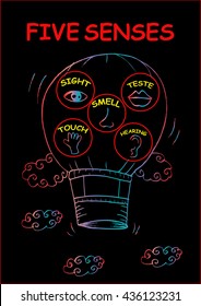 Five senses on air balloon. Sketchy style.