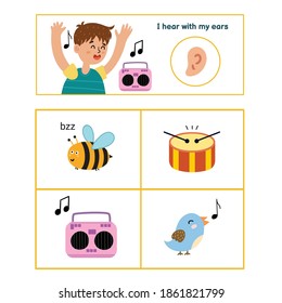 Five Senses Poster. Hearing Sense Presentation Page For Kids. Great For Activity Book. Vector Illustration