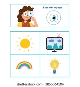 Five senses poster. Sight sense presentation page for kids. Great for activity book. Vector illustration