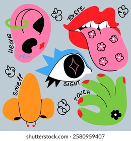 Five senses taste, hear, smell, sight and touch. Trendy vector illustration.