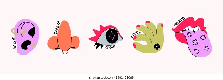 Five senses taste, hear, smell, sight and touch. Trendy vector illustration.