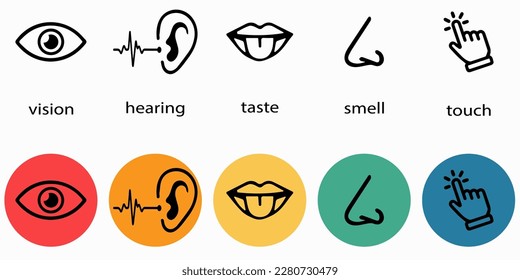 Five senses. Vector illustration containing eye, ear, lips, nose and hand. Black and white and color illustration on a white background.