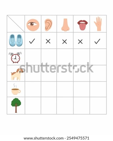 Five senses worksheet for kids, mark five senses would use for each object, five senses activity printable 