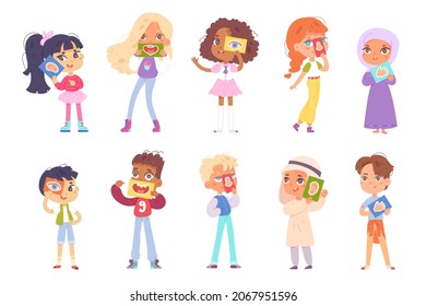 Five sensory senses set vector illustration. Cartoon cute kids holding in hand 5 cards with organs of sight hearing smell taste and touch. Education clipart of human perception isolated on white