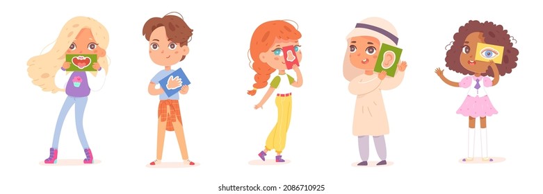 Five Sensory Senses Set Vector Illustration. Cartoon Cute Kids Holding In Hand 5 Cards With Organs Of Sight Hearing Smell Taste And Touch. Education Clipart Of Human Perception Isolated On White