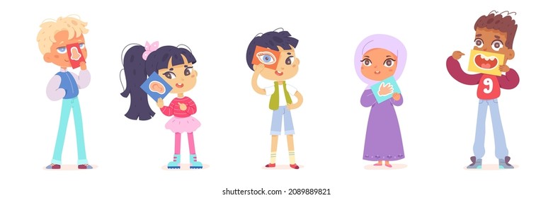 Five sensory senses set vector illustration. Cartoon cute kids holding in hand 5 cards with organs of sight hearing smell taste and touch. Education clipart of human perception isolated on white